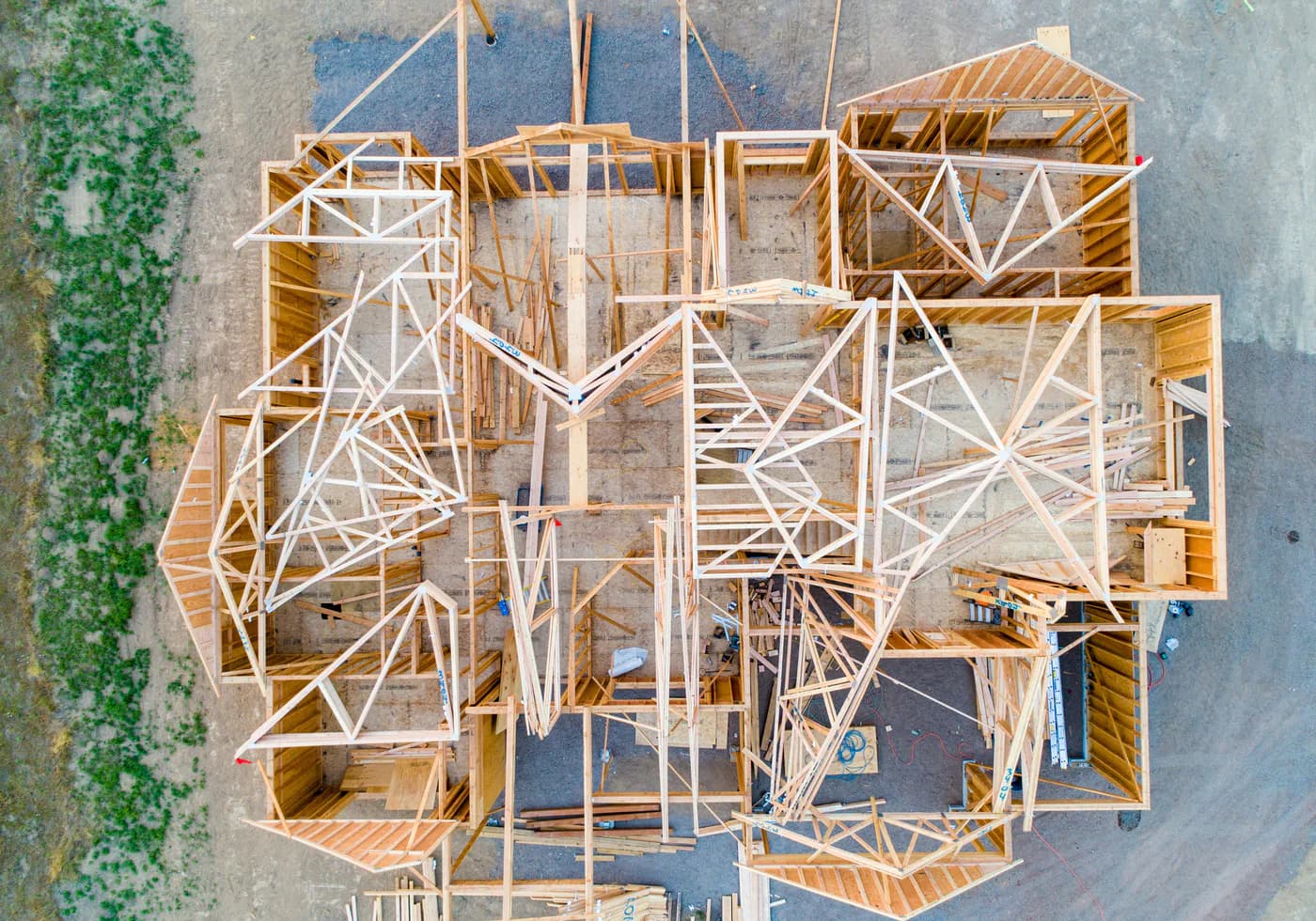 Overhead contextual view of residential framing during construction