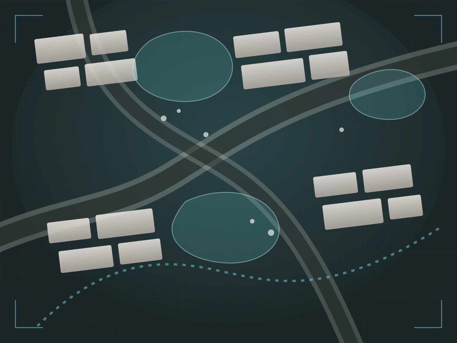 Editorial planning illustration with connected corridors, residential blocks, trails, and open-space nodes