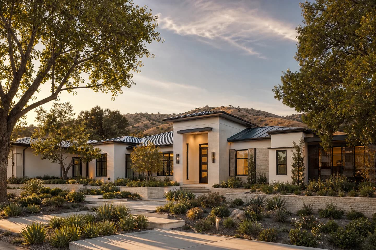 UrbanCove-generated editorial residential context for Bakersfield with contemporary architecture, inland landscaping, and foothills; not an exact property or listing