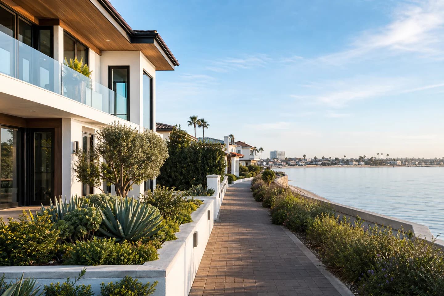 UrbanCove-generated editorial San Diego and Coronado coastal residential context with bay-facing homes and a waterfront path; not an exact property or listing
