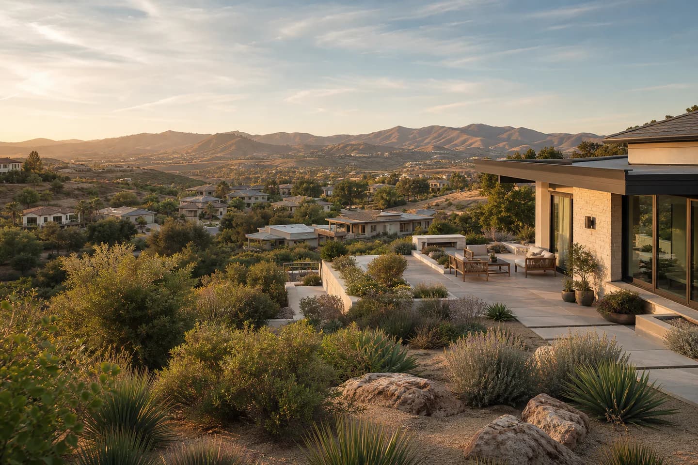 UrbanCove-generated editorial Temecula and Menifee residential context with contemporary architecture and rolling inland terrain; not an exact property or listing