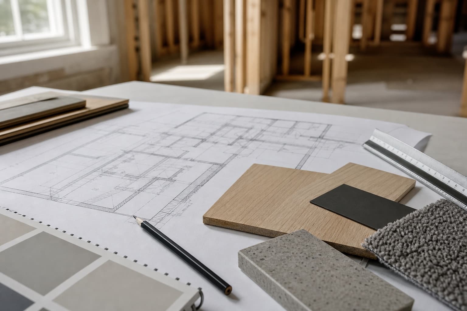 Residential plans and material samples on a construction planning table